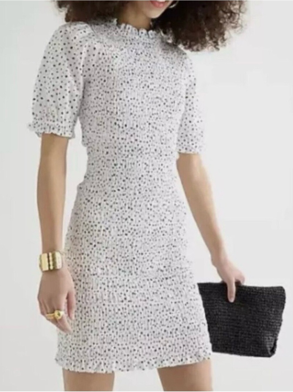 J. Crew Puff-sleeve smocked mini dress in dot
